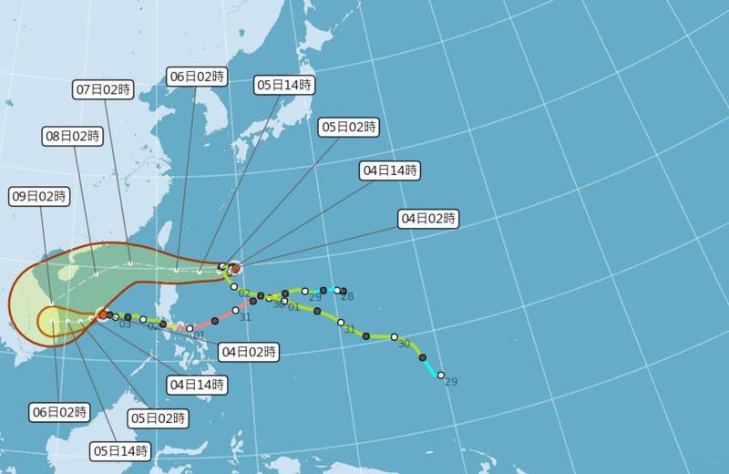 閃電颱風今將持續滯留打轉，週五將是最接近台灣的時候，目前氣象局不排除有可能發布海上颱風警報。（圖擷自氣象局）