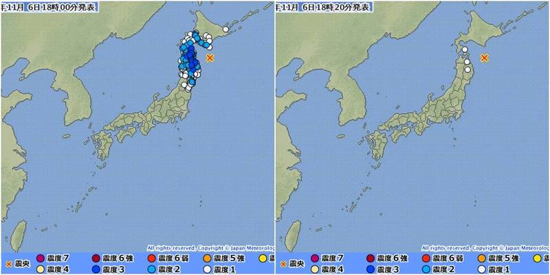 日本傍晚發生規模5.7地震（左）與規模4.6地震（右）。（圖取自日本氣象廳）