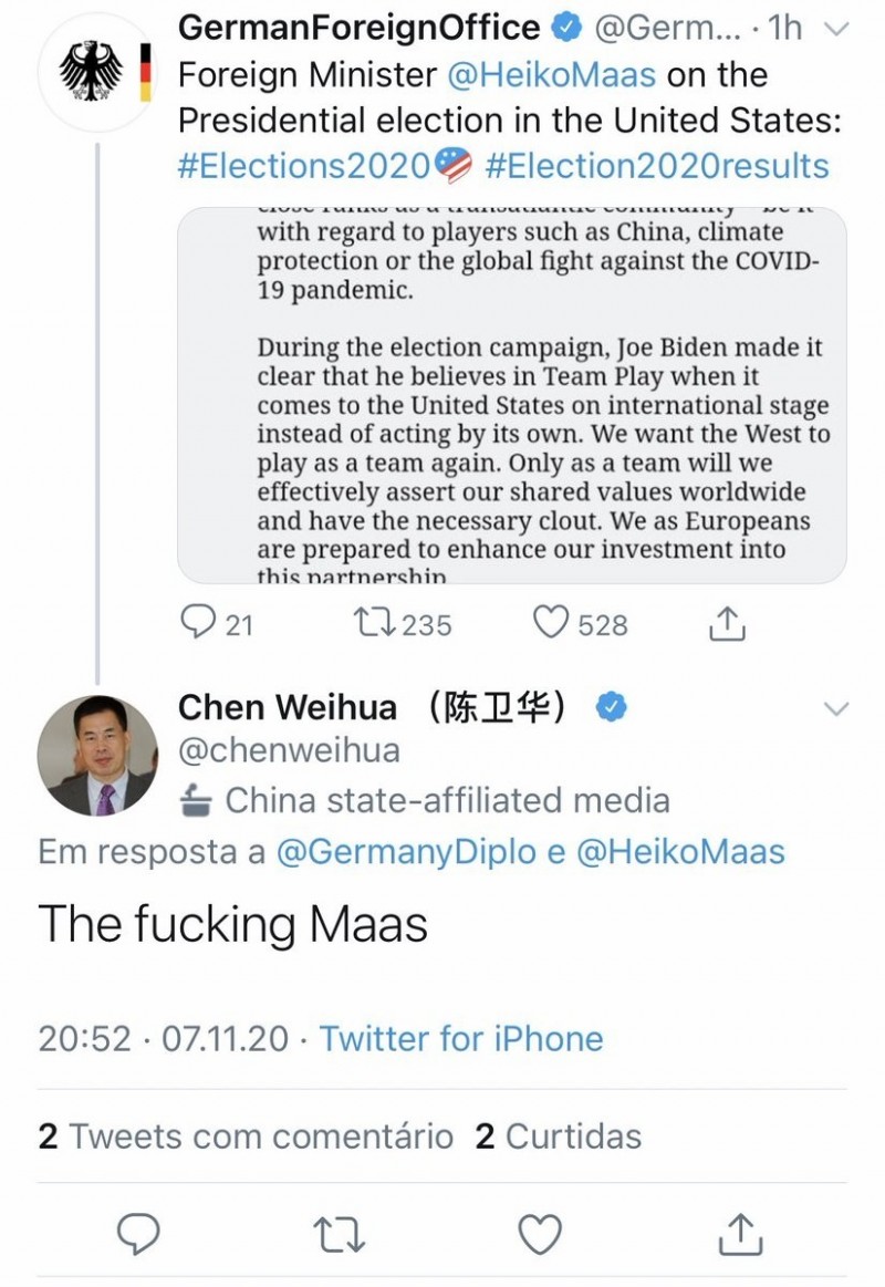 德國外交部長馬斯（Heiko Maas）發表祝賀聲明，提及歐美國家合作應對中國，卻引來中共官媒中國日報歐洲分社社長陳衛華在推特發文「The fucking Maas」爆粗口痛罵馬斯。（記者陳鈺馥翻攝）