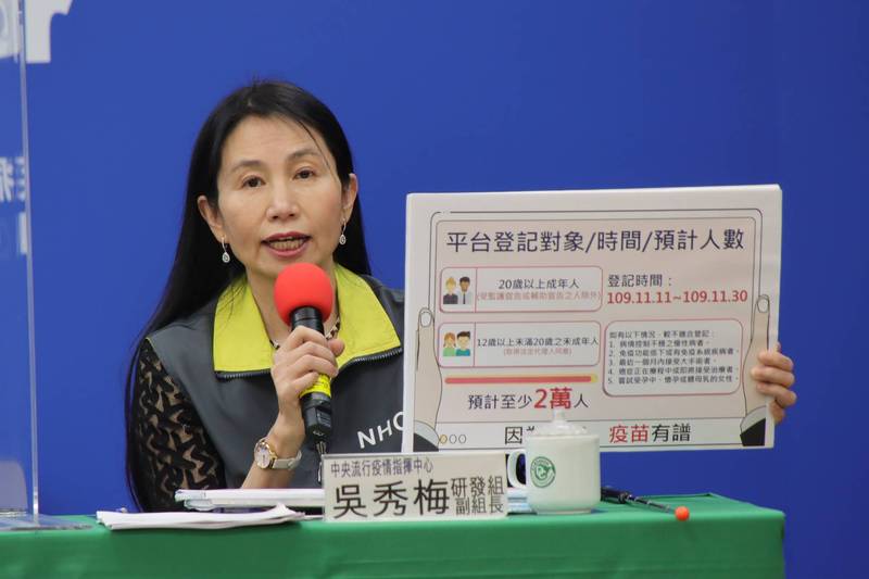吳秀梅今日表示,目前國內研發武漢肺炎的3家業者,包含國光生技、聯亞生技、高端疫苗都已進入第一期臨床試驗。(指揮中心提供) 吳秀梅今日表示,目前國內研發武漢肺炎的3家業者,包含國光生技、聯亞生技、高端疫苗都已進入第一期臨床試驗。(指揮中心提供)