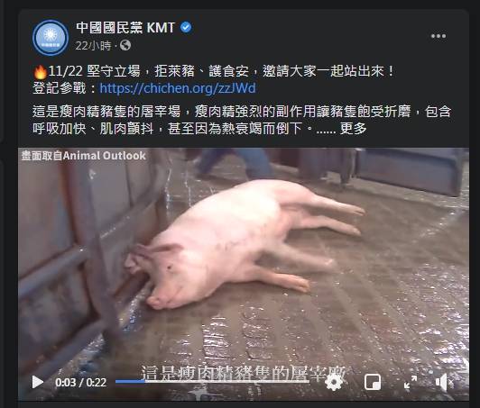 美國動保團體「動物展望」（Animal Outlook）指出，國民黨臉書日前貼出該團體提供的「瘦肉精豬隻的屠宰場」影片內容，無法證據顯示影片中的豬隻遭餵食萊克多巴胺，國民黨中午回應表示，該黨事前有向國內已使用該影片的「台灣動物社會研究會」查證。（擷自國民黨臉書）