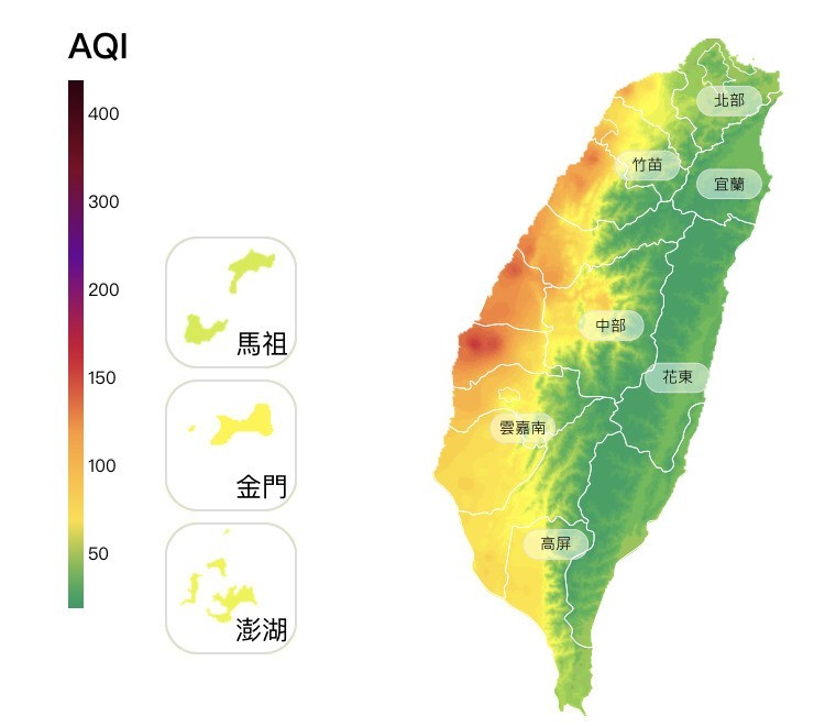 今日環境風場為偏東南風，西半部地區擴散條件差，空氣品質測站紛紛亮起橘、紅燈。（圖片取自環保署空氣品質監測網）