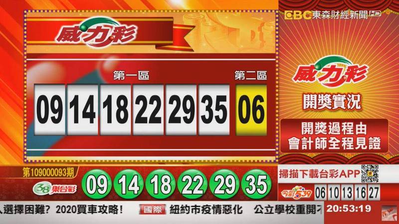 威力彩、38樂合彩開獎號碼。（圖擷取自東森財經新聞57彩券王）
