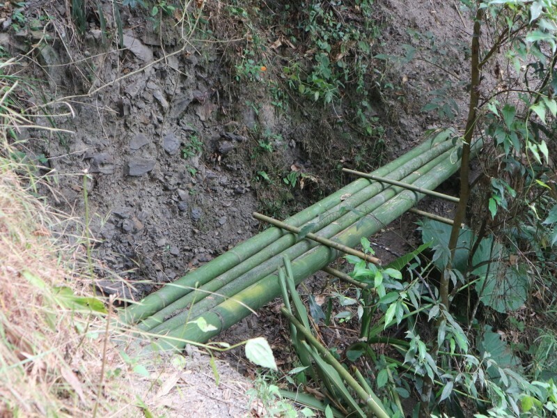 「姻親古道」部分路段已經崩塌，現有竹搭便橋。（潘樵提供）