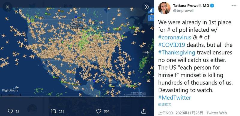 美國疫情持續嚴峻，大量的美國人仍選在感恩節搭機出遊，有專家便分享全美空中布滿密密麻麻的航班照片，並直言接下來又將有數十萬人染疫死亡。（圖擷自推特）