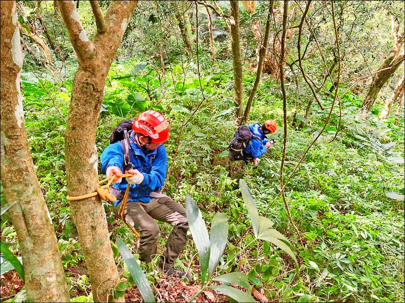 一名65歲錢姓男子上月29日獨自前往新竹縣尖石鄉攀登那羅山，傳送登頂照片給家屬後卻失聯，消防局在協尋第7天，不幸於那羅山三角點下方樹林尋獲已明顯死亡的錢男。圖為搜救照。（記者廖雪茹翻攝）