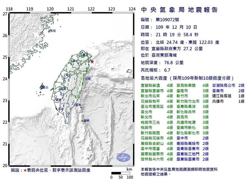 台灣東部海域發生規模6.7有感地震。（擷取自中央氣象局）