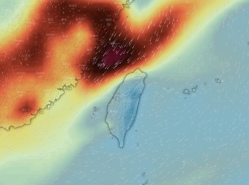 東北季風影響，全台空氣品質受到境外污染影響，空品差的情形將持續至17日。（圖擷取自臉書＿台灣颱風論壇｜天氣特急）