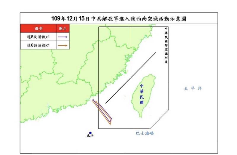 國防部今晚公布中共解放軍進入我西南空域活動示意圖。（國防部提供）