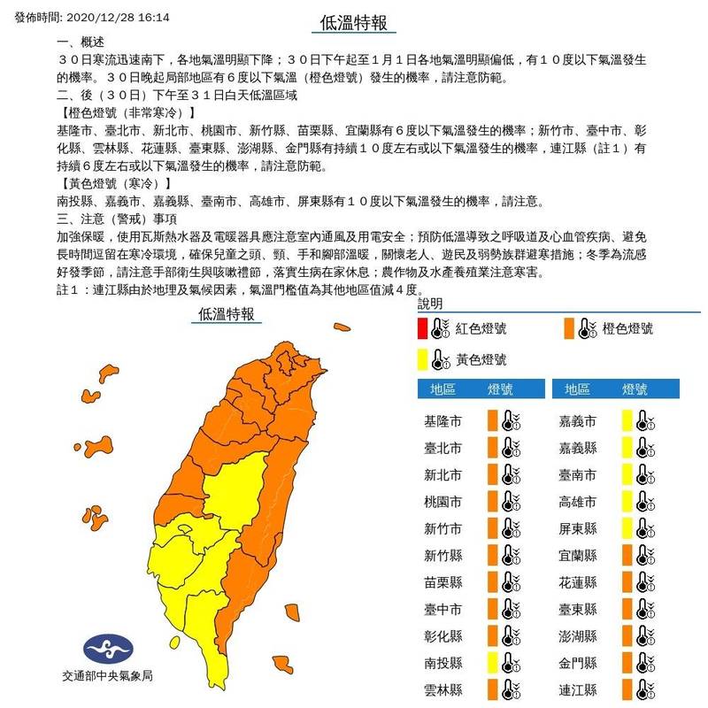 中央氣象局稍早發布今年入秋以來首個低溫燈號。（記者蕭玗欣翻攝）