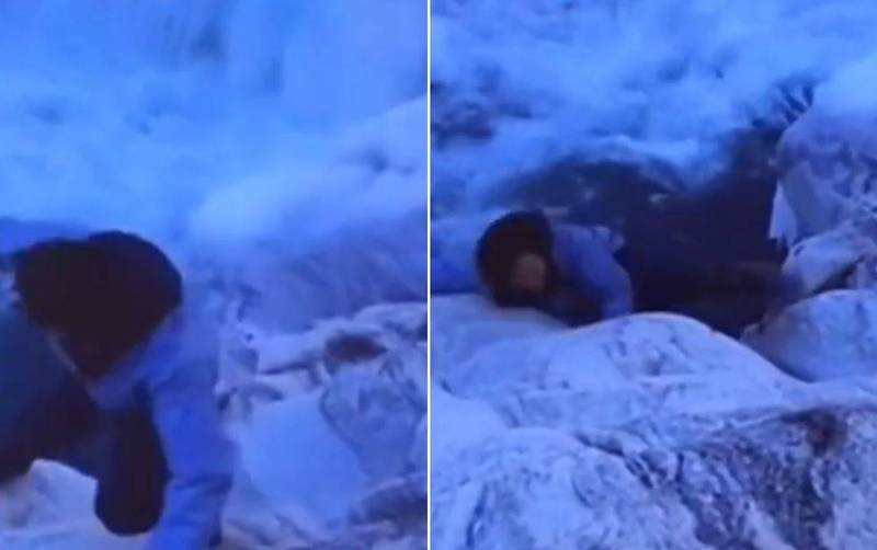 中国网红「西藏冒险王」王相军在跨越冰川时不慎失足，就这样掉入湍急河水中。（图翻摄自微博）(photo:LTN)