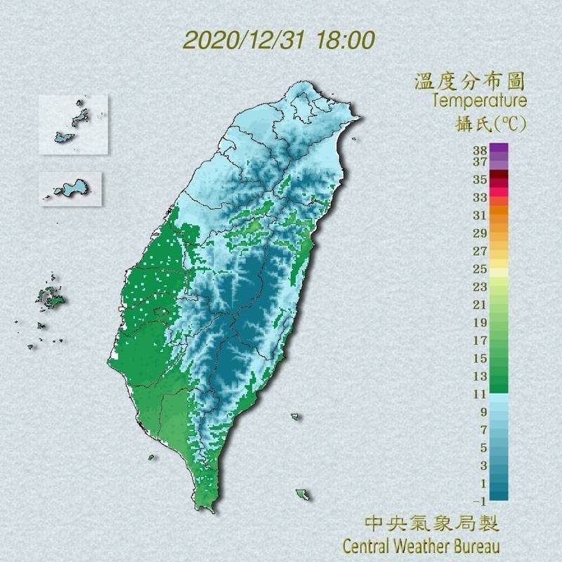 寒流來襲，中部以北平地急凍，有人意外發現，3000公尺以上高山溫度竟比北部1000至2000公尺的中海拔山區高。（圖擷取自中央氣象局）