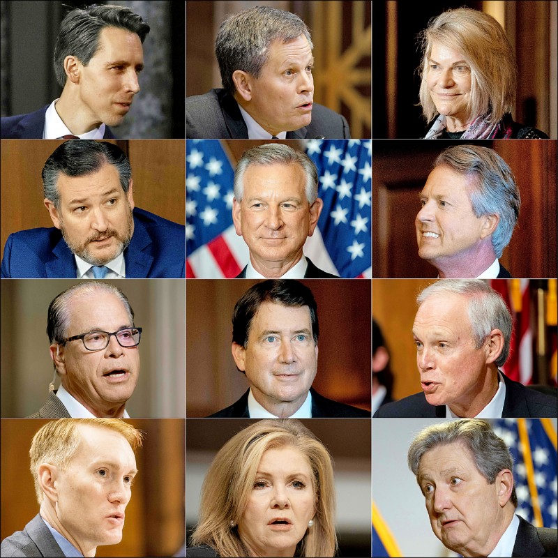 共和党十二名现任和候任参议员将在六日国会联席会议上，挑战部分州选举人团投票结果，包括霍利、戴恩斯、鲁米斯、克鲁兹、特本维尔、马绍尔、布劳恩、海格提、强森、蓝福特、布莱克本、甘迺迪（图左至右、上至下）。（法新社）(photo:LTN)
