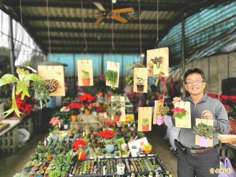 結合實木材料，吊掛式的「平板植栽」深受歡迎。（記者吳俊鋒攝）