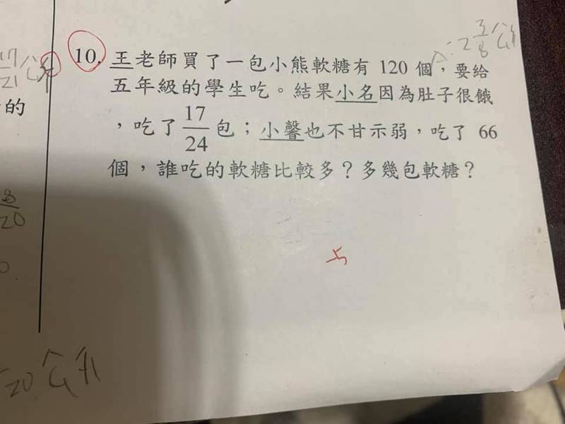 一名家長日前在臉書分享家中小朋友的數學考卷題目，為2位同學分吃了一包120顆軟糖，並問哪位同學吃得比較多？結果一算之後，發現軟糖總數根本不對。（擷取自爆怨2公社）