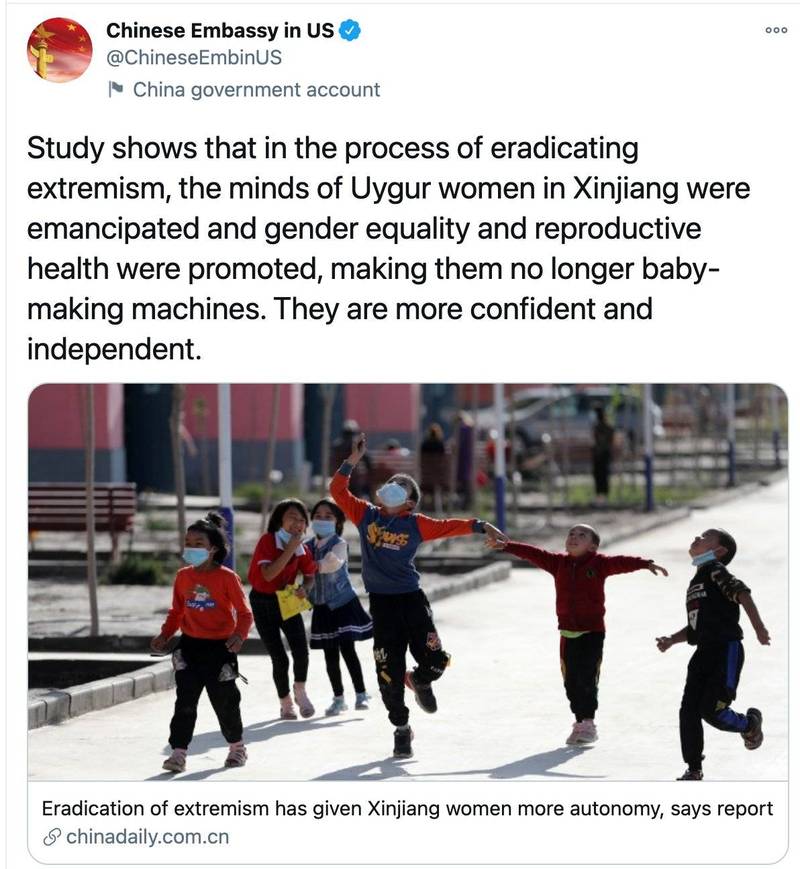中国驻美国大使馆8日推文，为新疆政府针对维吾尔族与其他穆斯林少数民族的妇女政策辩护，宣称当局的再教育营让当地妇女的思想获得解放。（图撷取自推特）(photo:LTN)