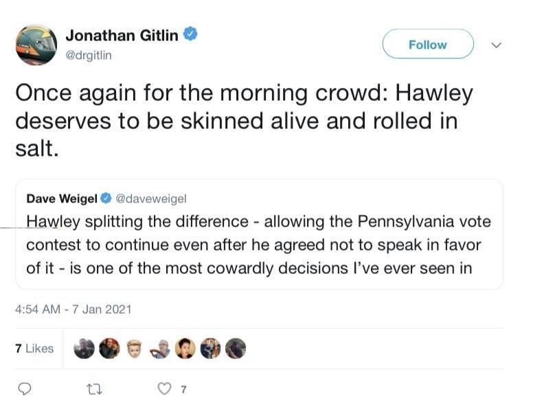 吉特林在推特发表仇恨言论，恐吓共和党籍参议员霍利。（翻摄自推特）(photo:LTN)