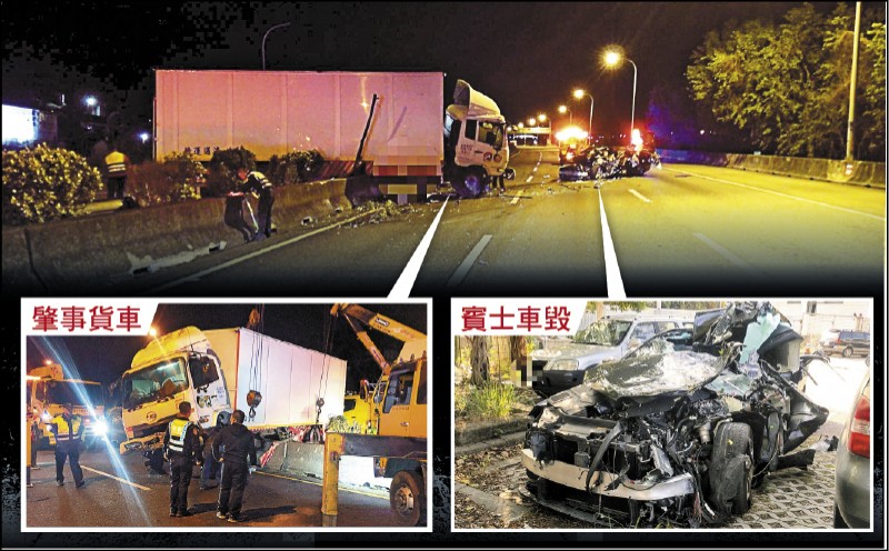 大貨車於國1苗栗銅鑼段失控撞向對向車道，賓士車駕駛反應不及撞上，當場死亡。 （記者蔡政珉翻攝）