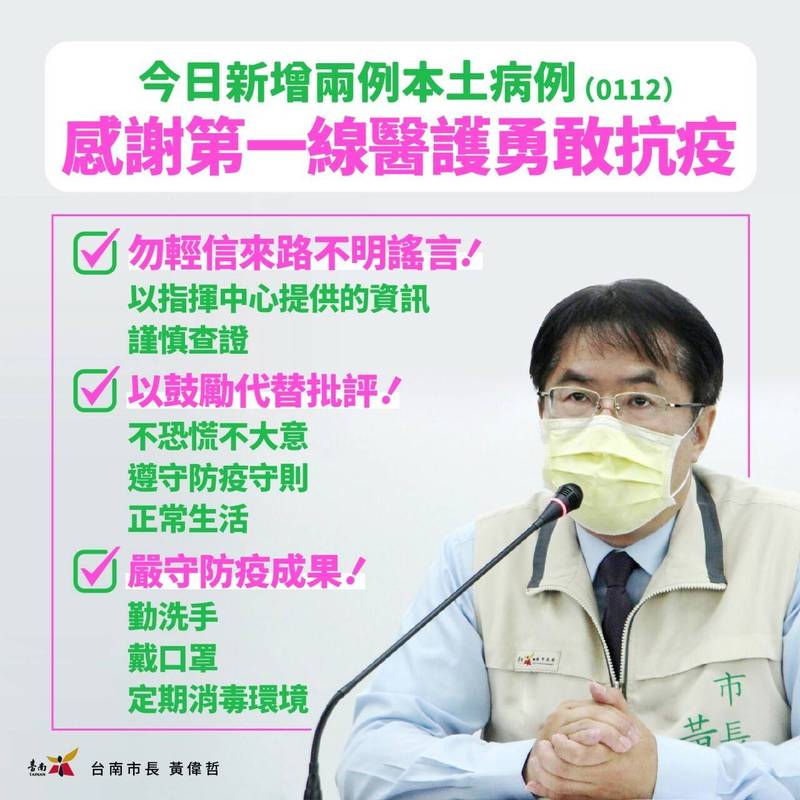 中央流行疫情指揮中心今天公布國內新增2例本土武漢肺炎確定病例，市府再次呼籲落實防疫新生活措施！（記者王姝琇翻攝）