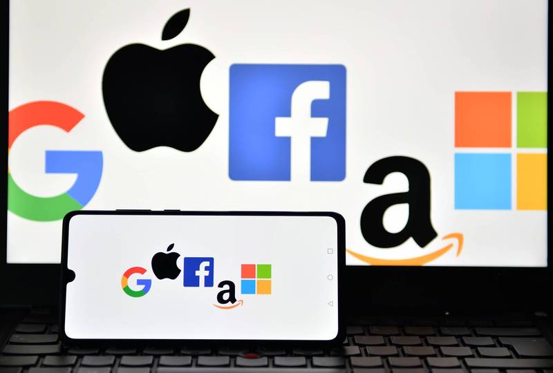 苹果、Google、脸书、亚马逊、微软等多家社群媒体、科技巨擘的企业识别标志。（法新社）(photo:LTN)