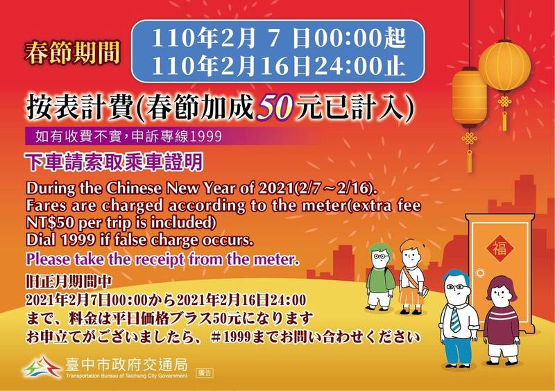 台中市計程車加價自2月7日至2月16日實施，每趟次加價50元，交通局特別印製多國語言宣傳貼紙。（台中市交通局提供）