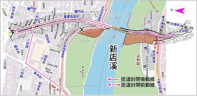 台北市政府新工處預定1月30日封閉中正橋下水源路及水源快速道路往北部分車道，施作機車道橋墩柱；2月20日封閉水源快速道路接中正橋往永和方向之匝道，施作台北端平面道路連接中正橋新建主橋引橋墩柱。（台北市新工處提供）