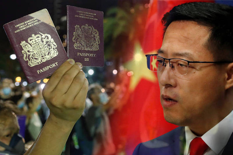英方宣布，1月31日起，持有英國國民海外護照的香港人，可申請英國國民海外簽證。趙立堅（右）聲稱英國破壞中國主權，宣布中方1月31日起不再承認所謂的BNO護照作為旅行證件和身份證明。（路透檔案照；本報合成）