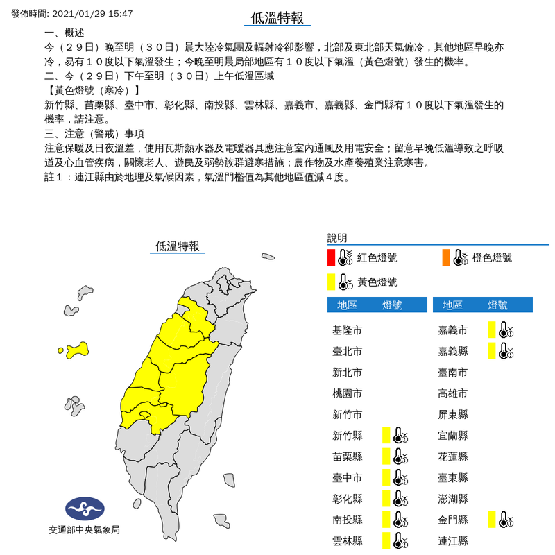 中央氣象局今（29）日下午15點47分針對9縣市發布低溫特報。（圖擷取自中央氣象局網站）
