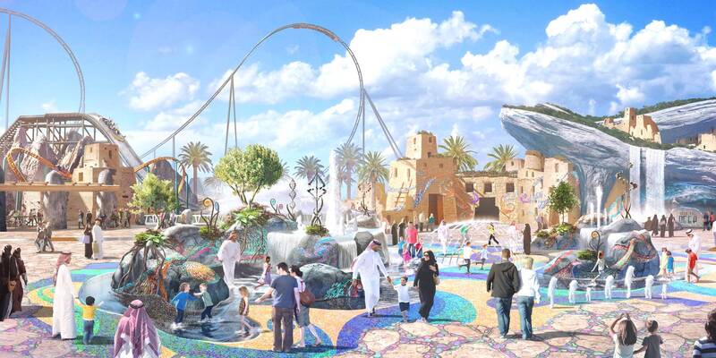 沙烏地阿拉伯正在興建中的主題樂園計畫打造全球速度最快的雲霄飛車，時速最高超過250公里。Six Flags Qiddiya樂園示意圖。（圖取自sixflags網站）