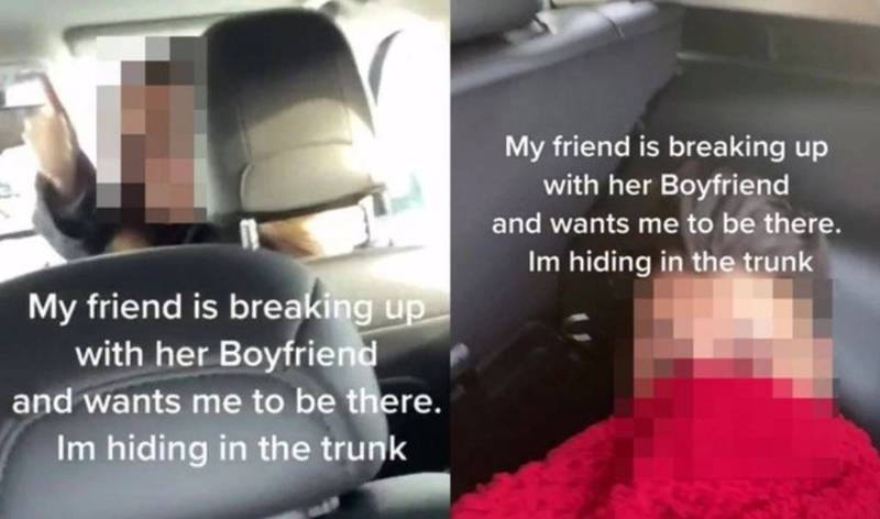 外國男網友分享一段影片說，他有個女性友人想和男友談分手，又害怕出狀況，安排他躲在後車廂以防出意外，沒想兩人竟和好，還直接在車子後座大搞車震。（圖擷取自TikTok）