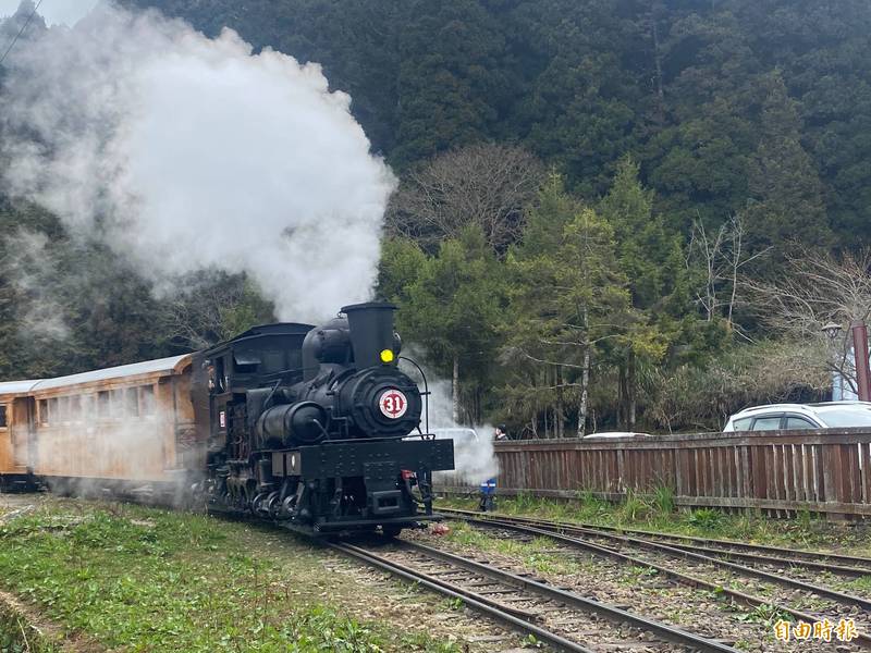 31號蒸氣火車附掛台灣檜木車廂，來回行駛阿里山車站至沼平車站。（記者蔡宗勳攝）