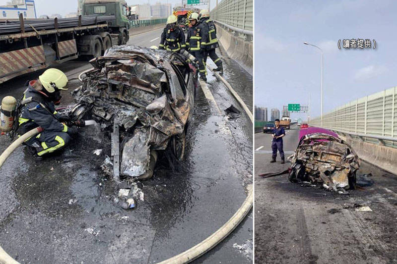 西濱發生火燒車意外，轎車燒成廢鐵。（民眾提供；本報合成）