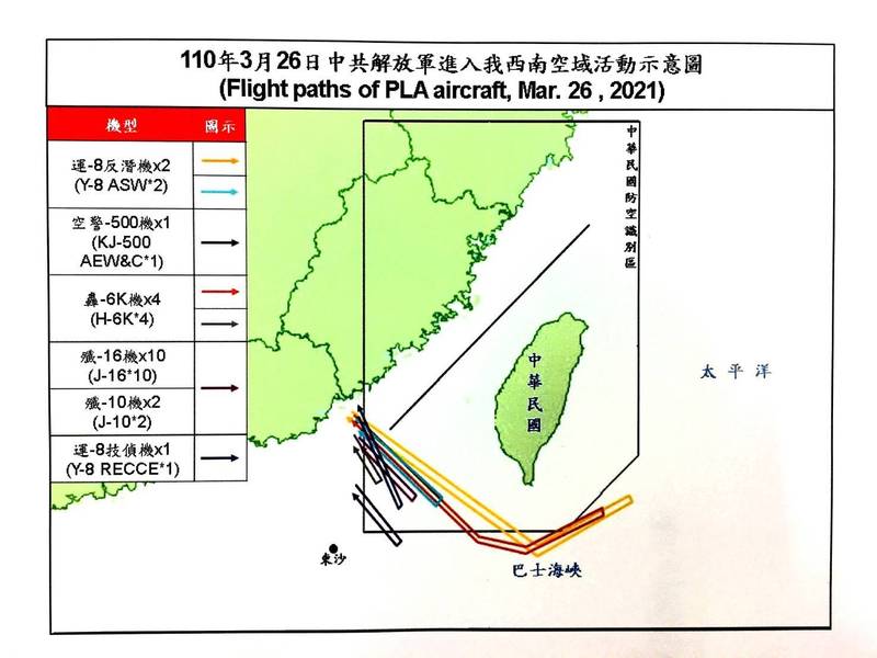 國防部公布今日中共軍機侵擾我空域活動示意圖。（國防部提供）