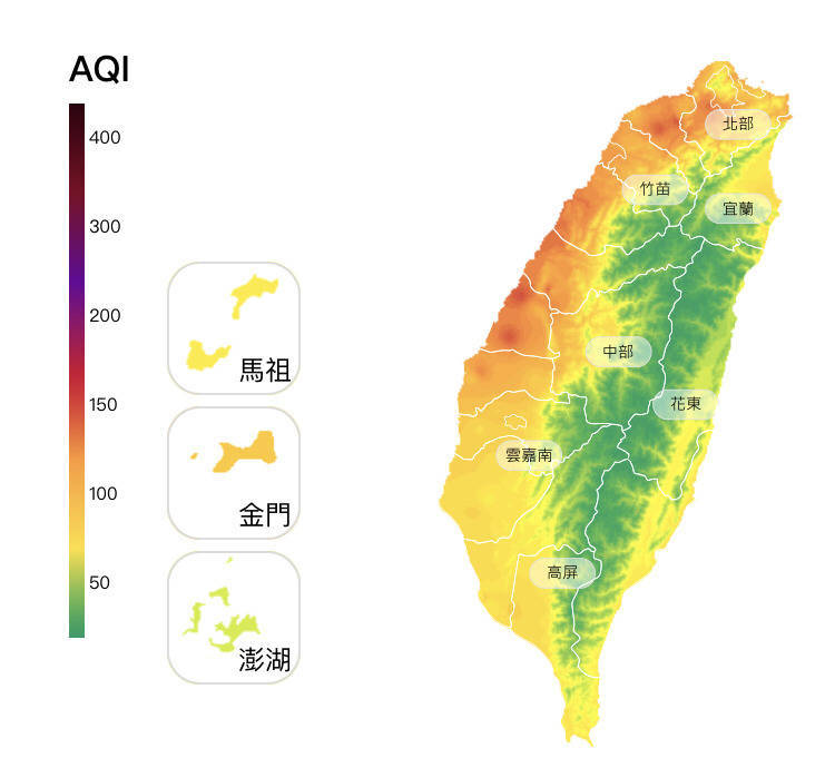 目前北部、竹苗、中部空品區空品為「橘色提醒」等級。（取自環保署空氣品質監測網）