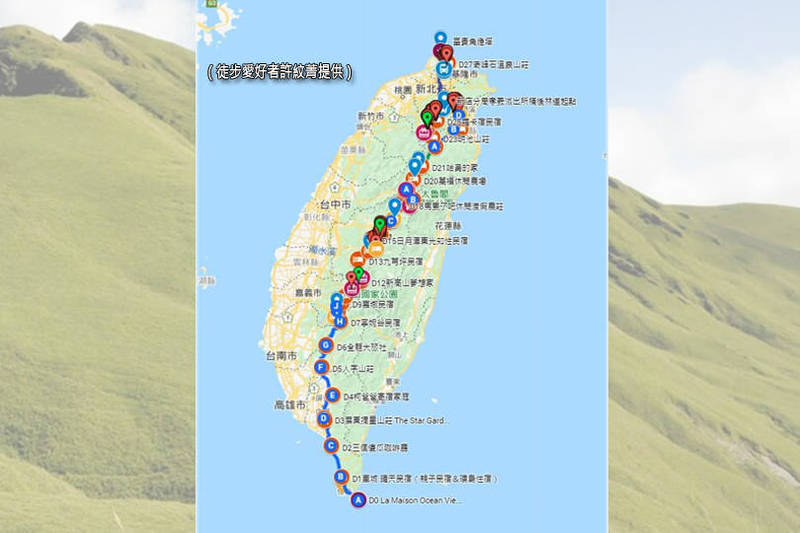 徒步愛好者許紋菁分享28天完成貫穿台灣本島的「切西瓜大縱走」詳細路線，讓網友們全跪了。（上圖許紋菁提供、底圖本報資料照；本報合成）