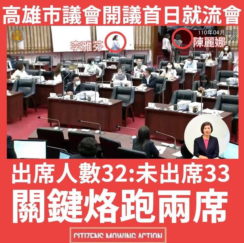 公民割草從高市議會影像中，發現昨日現場唱名清點時，有2位國民黨議員烙跑。（公民割草）