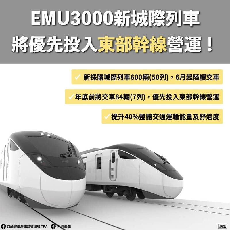 台鐵今天表示，新採購的600輛（50列）EMU3000型城際列車，將在今年6月陸續交車到位。（台鐵提供）