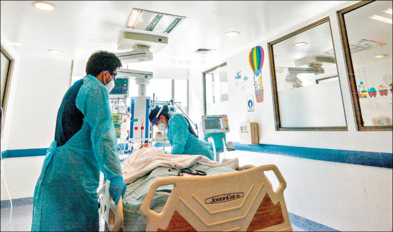 智利的醫護人員在加護病房照料染疫患者，隨著病患愈來愈多，智利的醫療體系瀕臨崩潰。（法新社）