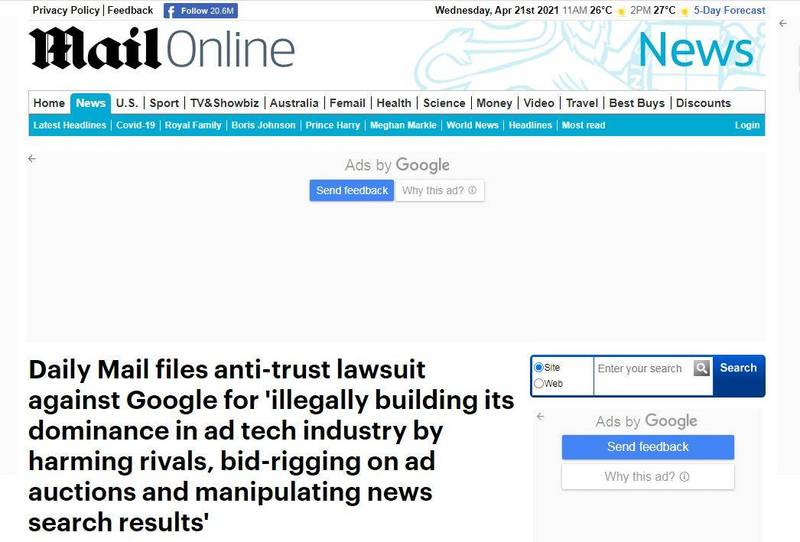 《每日邮报》针对其控告Google公司的涉己新闻报导。（图翻摄自每日邮报官网）。(photo:LTN)