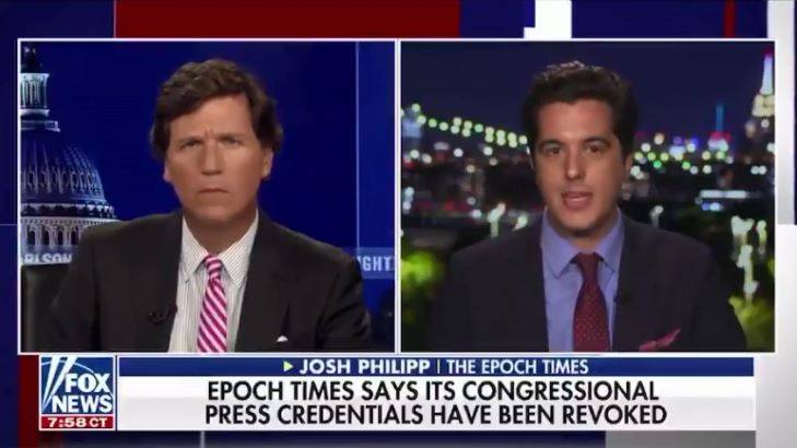 《福斯新闻》主播卡尔森（左）连线访问美国《大纪元》主持人菲利普（右）。（图取自Fox News）(photo:LTN)