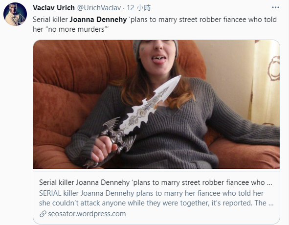 英國1名連環女殺手計畫娶1名女搶匪,不過對方卻告訴她兩人在一起時不能再攻擊任何人,因此她放下屠刀,希望能在年底前順利完婚,知情人士表示,「這是一段非常奇怪的關係,但更奇怪的是他們處得很好」。(圖擷取自推特) 英國1名連環女殺手計畫娶1名女搶匪,不過對方卻告訴她兩人在一起時不能再攻擊任何人,因此她放下屠刀,希望能在年底前順利完婚,知情人士表示,「這是一段非常奇怪的關係,但更奇怪的是他們處得很好」。(圖擷取自推特)
