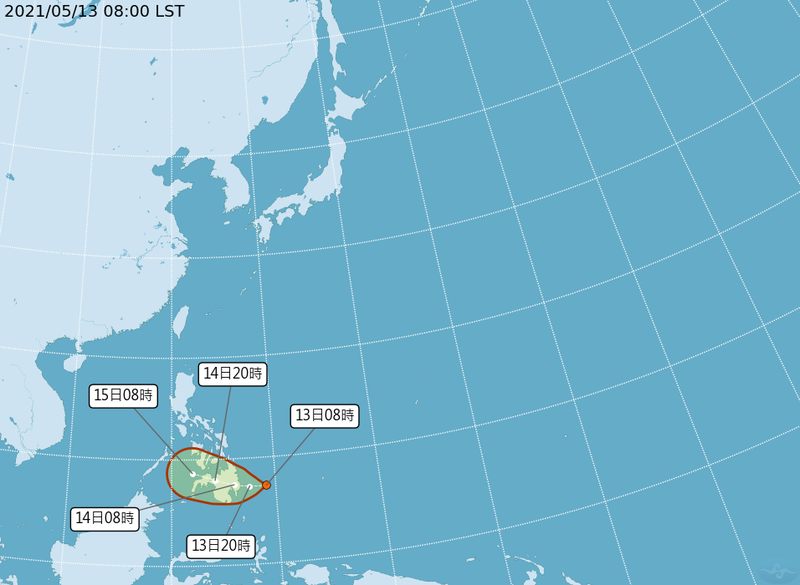 熱帶性低氣壓TD03上午8時的中心位置在北緯7.3度，東經129.1度，以每小時15公里速度向西進行。（擷取自中央氣象局）
