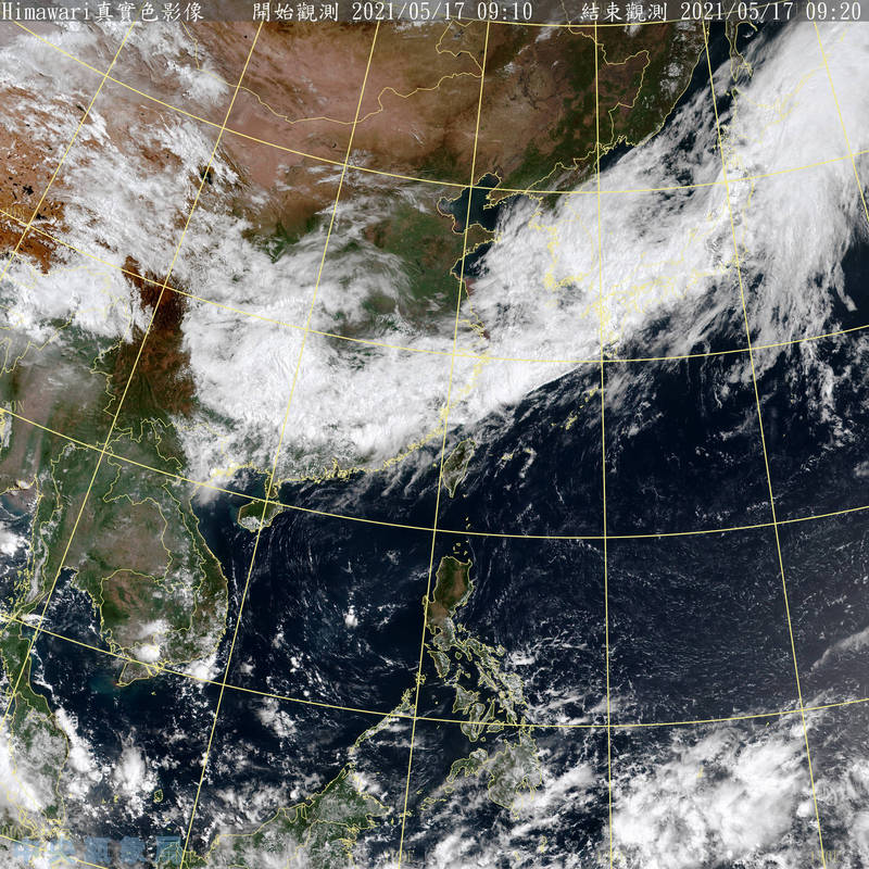 又一道鋒面逐漸接近，預計今晚靠近台灣，不過由於這道鋒面相當微弱，僅對北部、東北部、東部造成短暫陣雨。（圖擷自中央氣象局）