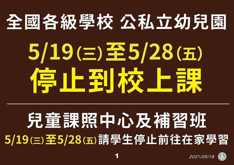 教育部今（18日）到中央流行疫情指揮中心宣布，19日起全國各級學校、補習班、幼兒園、實驗教育等通通停課，直到28日止，改線上遠距教學，教育部另補充原則，仍要求教職員到校，若家長因故無法照顧孩子，高中以下學校仍應安排人力提供學生到校學習、照顧及用餐。（圖由教育部提供）