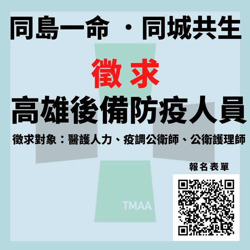 台灣醫事行動聯盟徵集高雄後備防疫人員。（台灣醫事行動聯盟臉書）