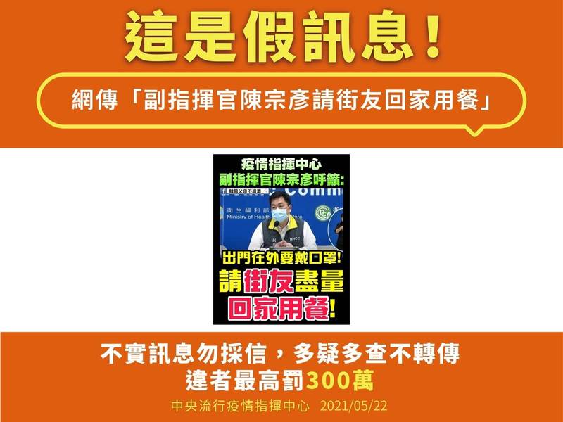 流傳「疫情指揮中心副指揮官陳宗彥呼籲：出門在外要戴口罩！請街友盡量回家用餐」等不實訊息圖文。（刑事局提供）