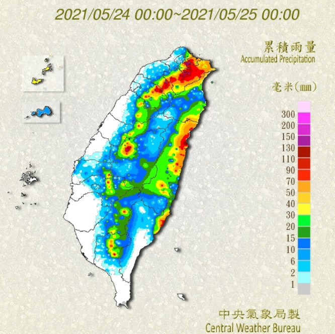 根據氣象局公布的觀測數據，昨日至今全台共31測站測得超過100毫米的雨量，主要分布在台北、新北、桃園、新竹、南投與花蓮等地區。（擷取自中央氣象局）