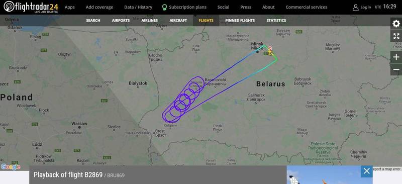航班追踪网站Flightradar 24的数据显示，从白罗斯首都明斯克起飞的Belavia 2869预计週三下午在巴塞隆纳降落，但最后掉头返回明斯克。（图撷取自Flightradar 24网站）(photo:LTN)