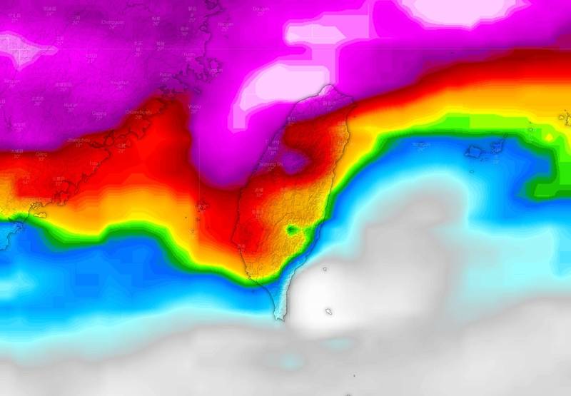 氣象粉專製圖指出未來5天全台雨區分布，中南部山區都會降雨。（圖取自「台灣颱風論壇｜天氣特急」）