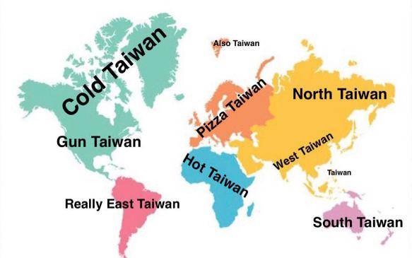 一張迷因將全球所有國家都稱為台灣，除了中國慘成「西台灣」外，澳洲也變成「南台灣」，而歐洲則變成「披薩台灣」、美國變成「有槍的台灣」、非洲變成「很熱的台灣」。（擷取自推特）